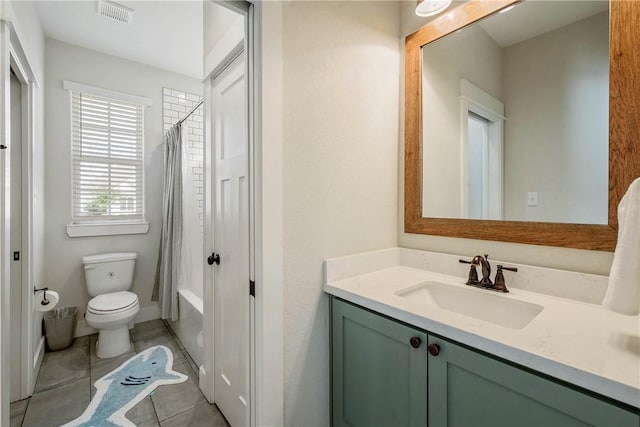 full bathroom featuring tile patterned flooring, vanity, shower / bath combination with curtain, and toilet