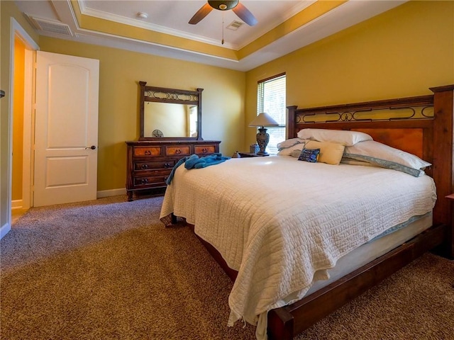 1142 Fletcher, Anderson, TX 77830 - carpeted bedroom featuring crown molding, a raised ceiling, and ceiling fan