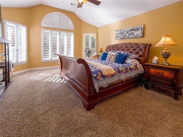 1142 Fletcher, Anderson, TX 77830 - bedroom featuring carpet, lofted ceiling, and ceiling fan