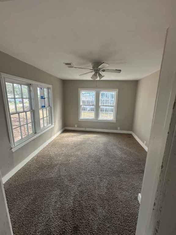 carpeted empty room with plenty of natural light and ceiling fan