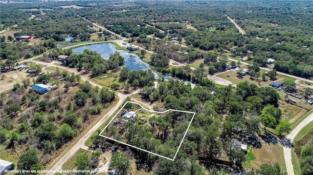 317 Beaver Lndg, Caldwell, TX 77836 - bird's eye view with a wooded view and a water view