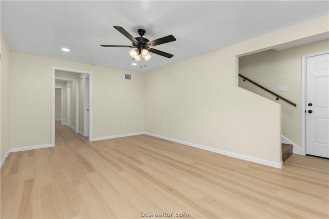 empty room featuring light wood-type flooring and ceiling fan