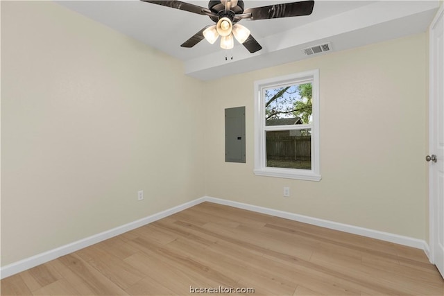 unfurnished room with electric panel, ceiling fan, and light hardwood / wood-style flooring