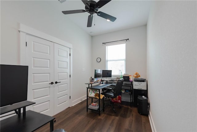 home office featuring dark hardwood / wood-style floors and ceiling fan