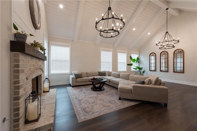 living room with a fireplace, plenty of natural light, and dark wood-type flooring