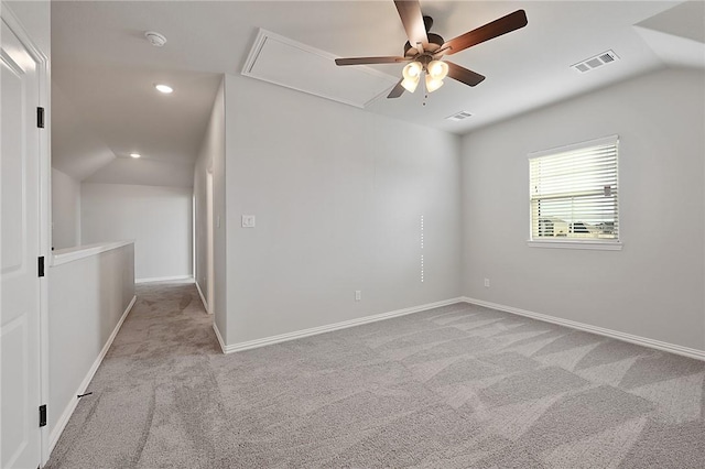 6308 Raleigh, College Station, TX 77845 - carpeted empty room with ceiling fan, attic access, vaulted ceiling, a smoke detector, and recessed lighting