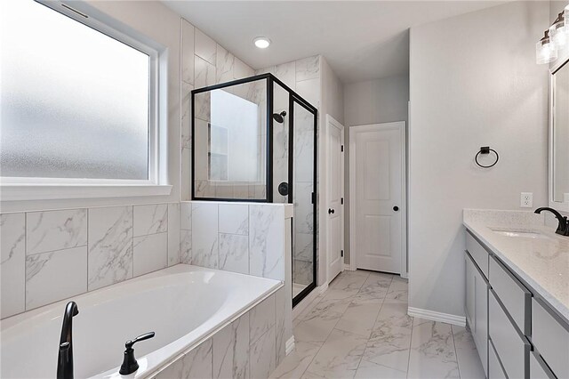 6308 Raleigh, College Station, TX 77845 - bathroom with a garden tub, a stall shower, vanity, marble look tiles, and recessed lighting