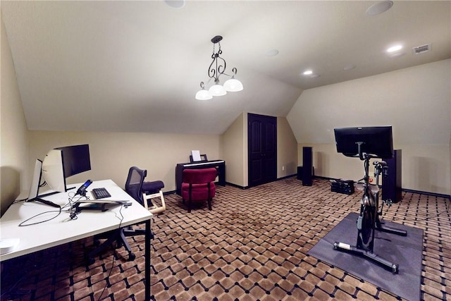 office featuring carpet floors, an inviting chandelier, and vaulted ceiling