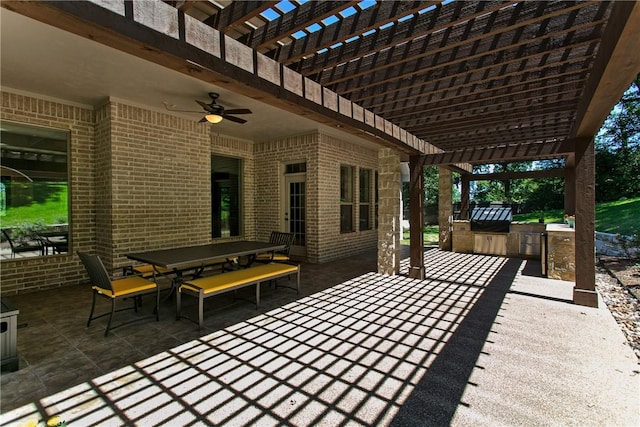 view of patio / terrace featuring ceiling fan, area for grilling, and a pergola