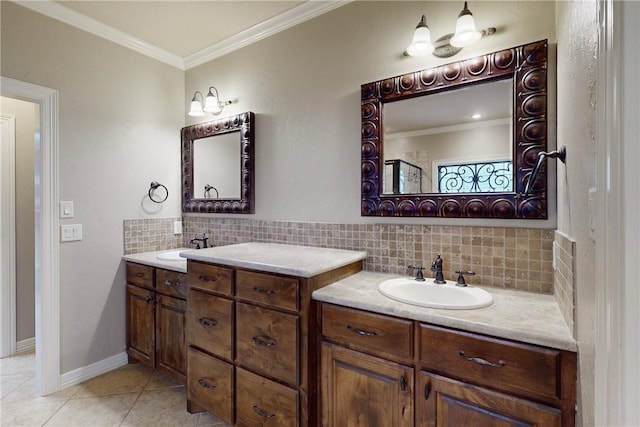 bathroom featuring tile patterned floors, backsplash, crown molding, and vanity