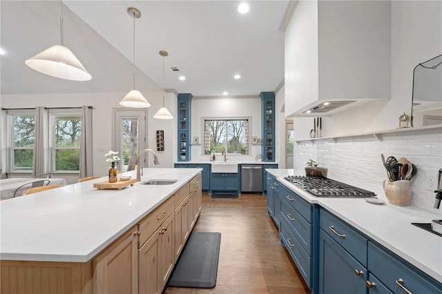 kitchen with glass insert cabinets, light countertops, a kitchen island with sink, and a sink