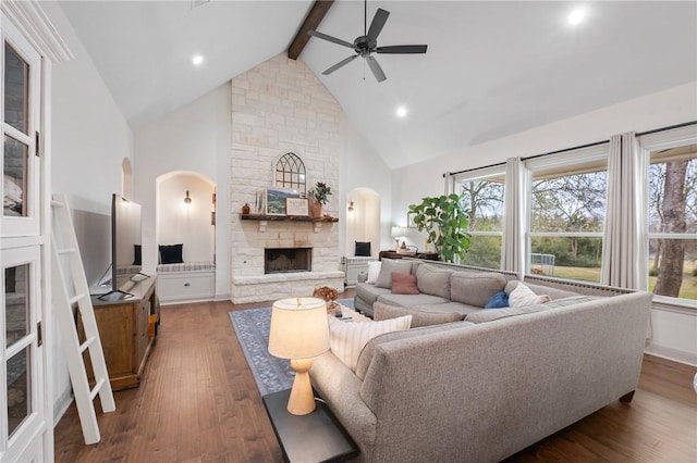 living room with a wealth of natural light, high vaulted ceiling, dark wood-style flooring, and a stone fireplace