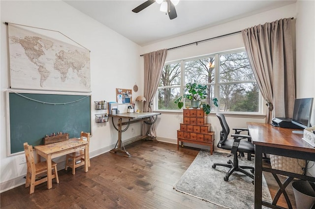 home office featuring a healthy amount of sunlight, dark wood finished floors, baseboards, and ceiling fan