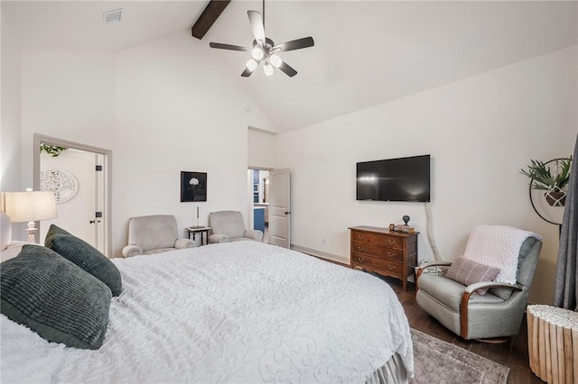 bedroom featuring dark wood finished floors, visible vents, a ceiling fan, high vaulted ceiling, and beamed ceiling