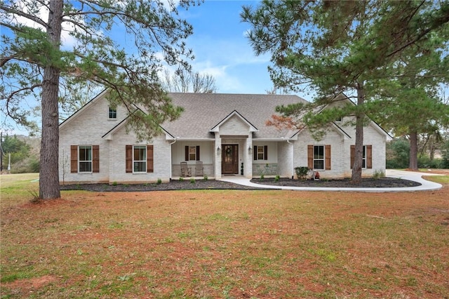 view of front facade with a shingled roof and a front lawn