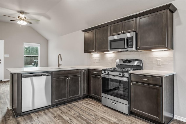 kitchen featuring lofted ceiling, sink, light hardwood / wood-style flooring, appliances with stainless steel finishes, and kitchen peninsula