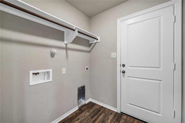 clothes washing area featuring electric dryer hookup, hookup for a washing machine, and dark wood-type flooring