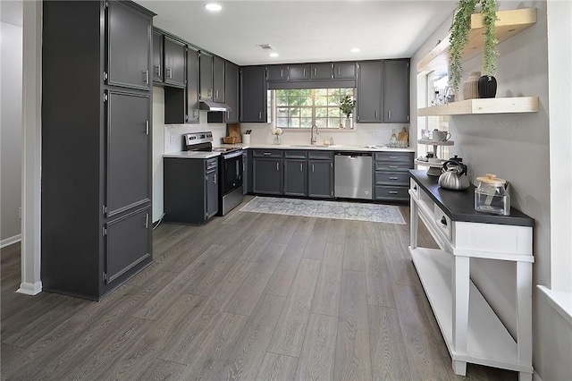 kitchen with range with electric cooktop, a sink, under cabinet range hood, wood finished floors, and stainless steel dishwasher