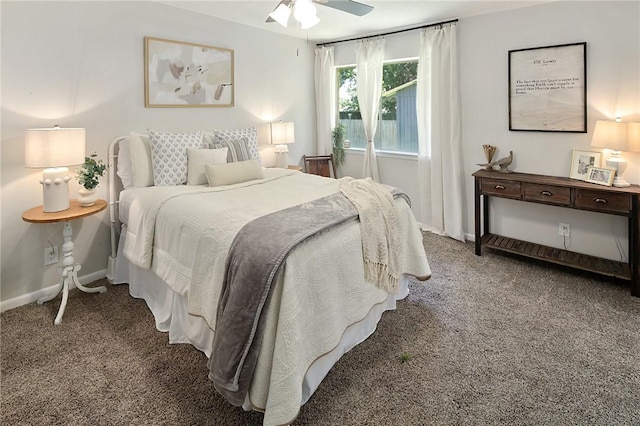 bedroom with carpet floors, baseboards, and ceiling fan
