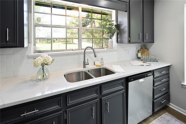 kitchen with stainless steel dishwasher, wood finished floors, a sink, dark cabinetry, and backsplash
