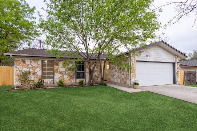 3012 Monument Dr, Round Rock, TX 78681 - ranch-style home with stone siding, concrete driveway, a garage, and roof with shingles