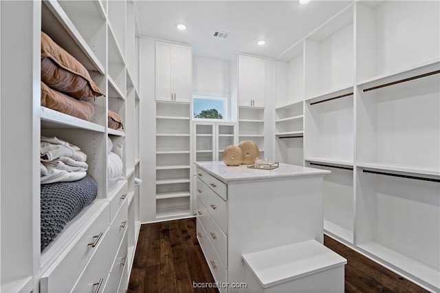 walk in closet with dark hardwood / wood-style flooring