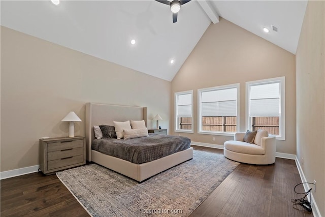 bedroom with beamed ceiling, ceiling fan, dark wood-type flooring, and high vaulted ceiling