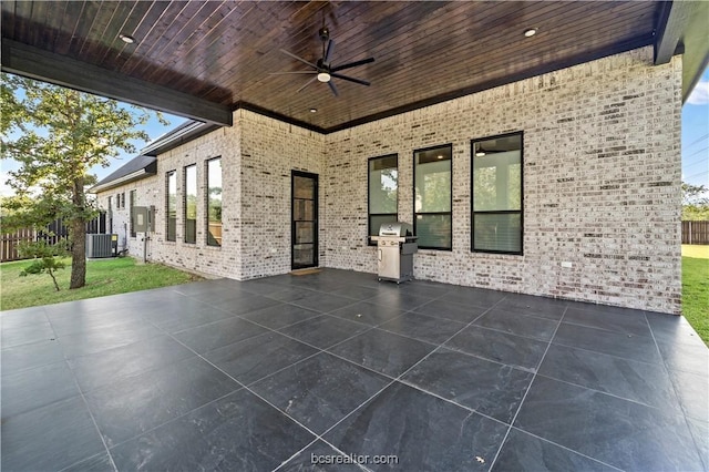 view of patio featuring central AC, ceiling fan, and a grill