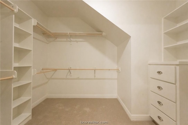 walk in closet featuring light carpet