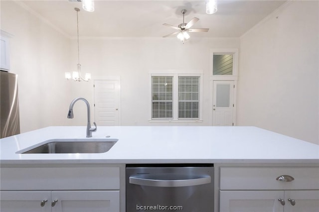 kitchen with dishwasher, decorative light fixtures, ceiling fan with notable chandelier, and sink