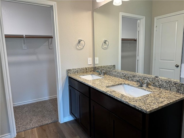 bathroom with wood-type flooring and vanity