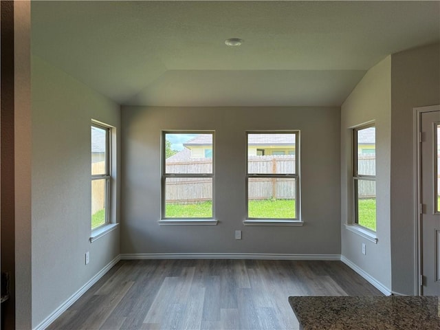 empty room with plenty of natural light, lofted ceiling, and dark wood-type flooring