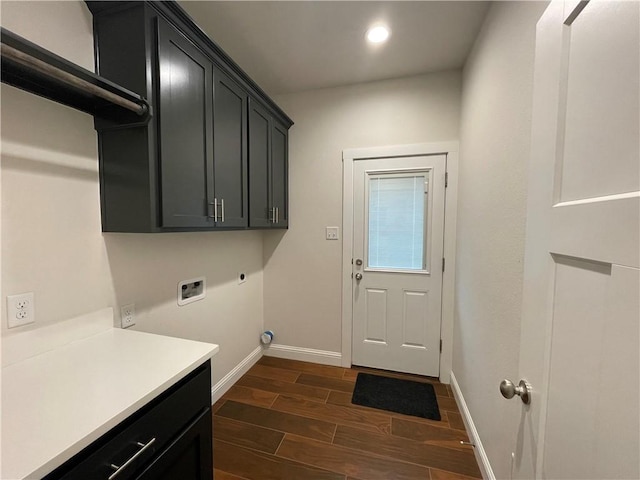 1692 Henry Prairie Rd, Franklin, TX 77856 - laundry room featuring cabinet space, electric dryer hookup, dark wood finished floors, hookup for a washing machine, and recessed lighting