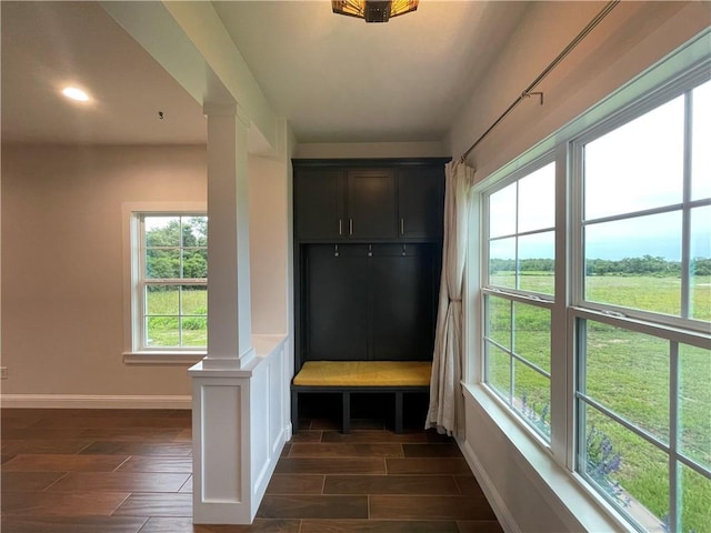 1692 Henry Prairie Rd, Franklin, TX 77856 - mudroom featuring decorative columns, plenty of natural light, dark wood finished floors, and recessed lighting