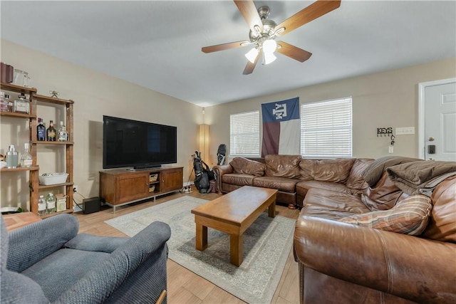 living room with ceiling fan and light hardwood / wood-style flooring