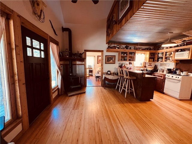 entrance foyer featuring light wood-style flooring, a wood stove, and ceiling fan