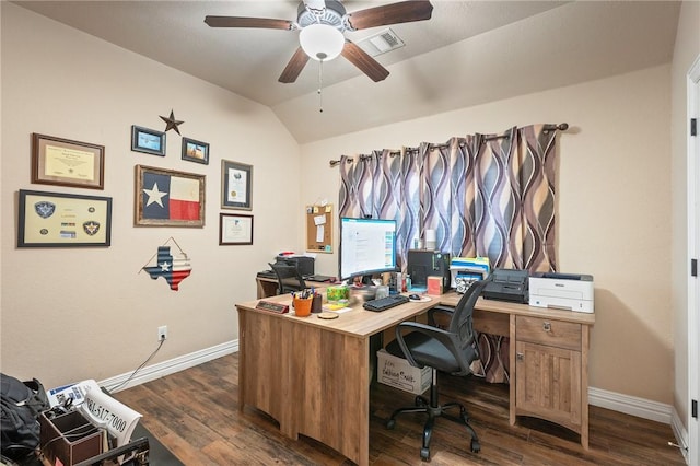 office featuring ceiling fan, dark hardwood / wood-style flooring, and lofted ceiling