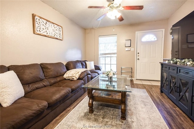 living room featuring a textured ceiling, ceiling fan, and dark wood-type flooring