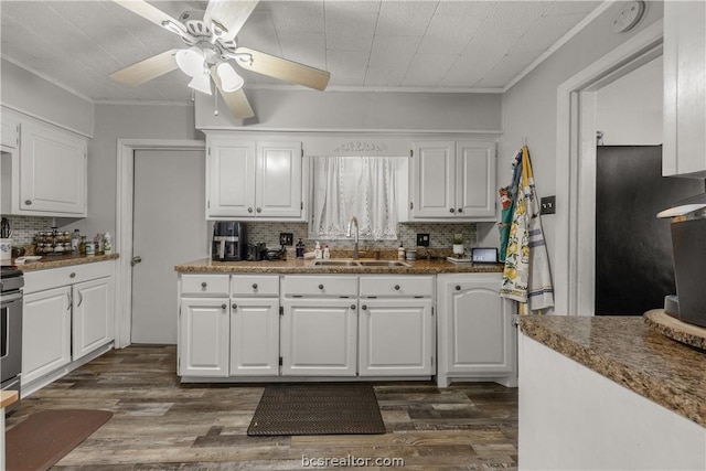 kitchen with tasteful backsplash, white cabinetry, and sink