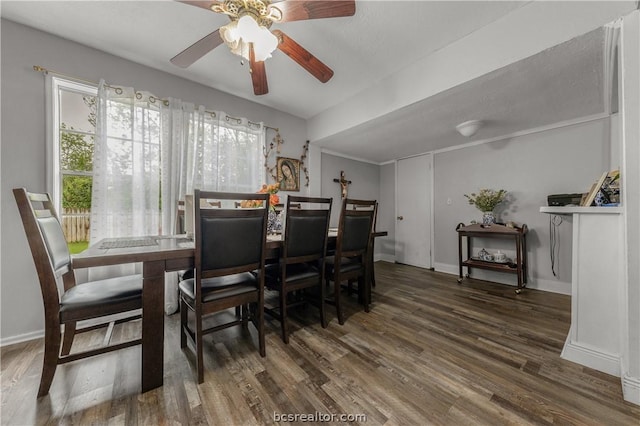 dining space with ceiling fan, dark wood-type flooring, and a textured ceiling