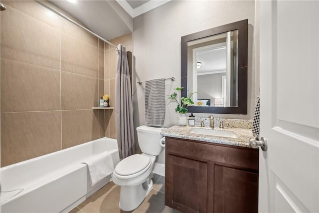 bathroom featuring toilet, ornamental molding, shower / tub combo, vanity, and tile patterned flooring