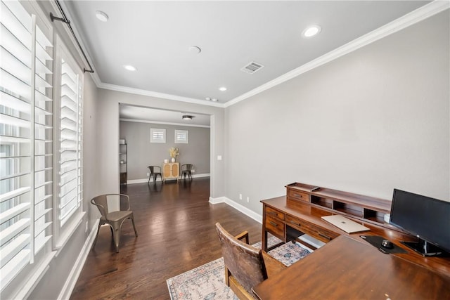 office space with crown molding, recessed lighting, visible vents, dark wood-type flooring, and baseboards