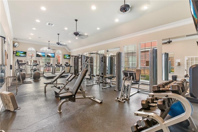 1198 Jones Butler Rd, College Station, TX 77840 - exercise room featuring ornamental molding and recessed lighting