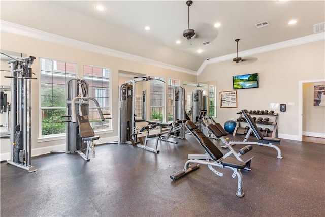 1198 Jones Butler Rd, College Station, TX 77840 - exercise room with ornamental molding, healthy amount of natural light, and recessed lighting