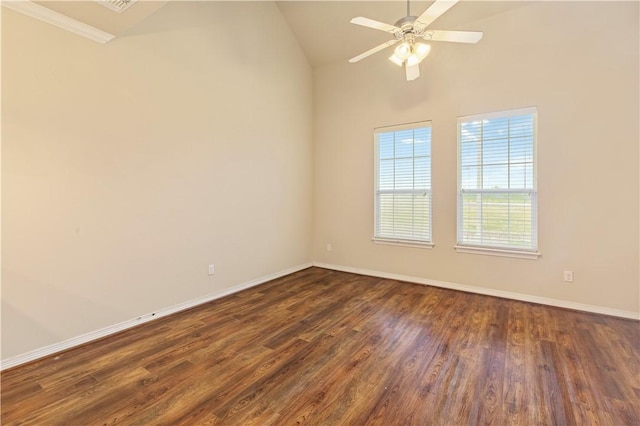 1198 Jones Butler Rd, College Station, TX 77840 - spare room with dark wood-style floors, ceiling fan, high vaulted ceiling, and ornamental molding