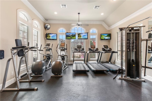 1198 Jones Butler Rd, College Station, TX 77840 - workout area with a ceiling fan, crown molding, and recessed lighting