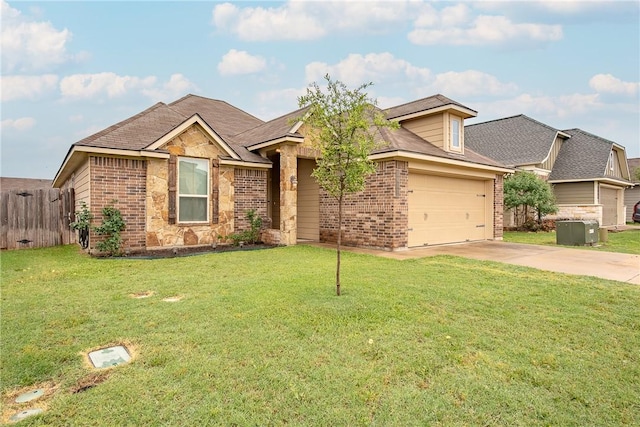 single story home with brick siding, a front lawn, fence, a garage, and driveway