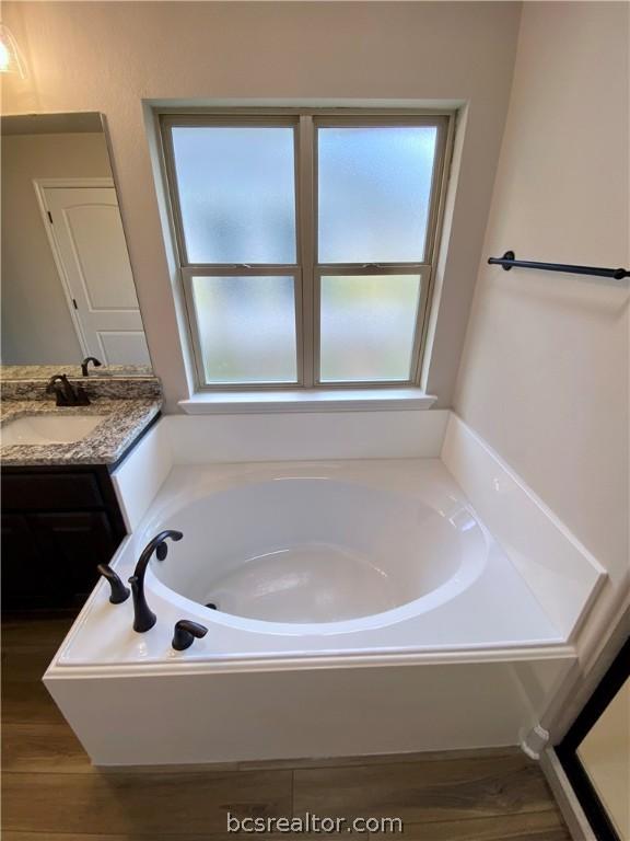 bathroom featuring vanity, wood-type flooring, and a tub