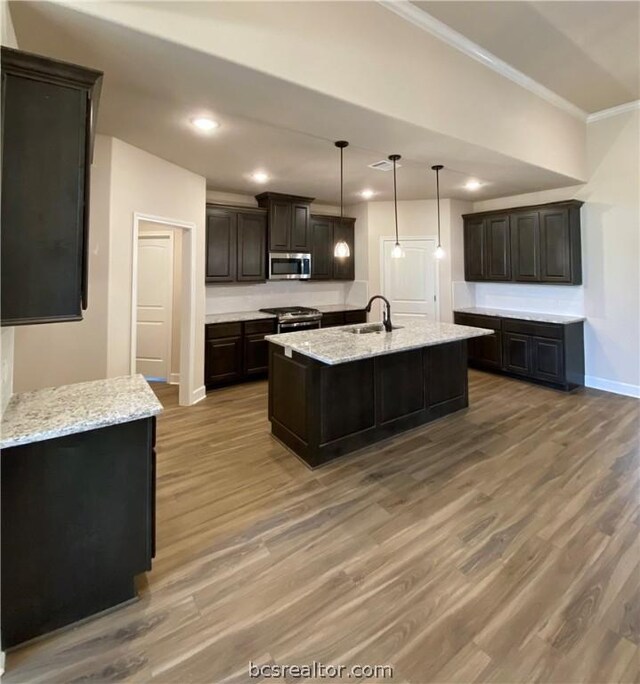 kitchen featuring hardwood / wood-style floors, appliances with stainless steel finishes, decorative light fixtures, and an island with sink