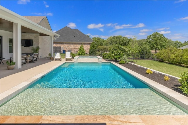 4435 Williams Lake Dr, College Station, TX 77845 - view of pool featuring fence, a lawn, a pool with connected hot tub, and a patio